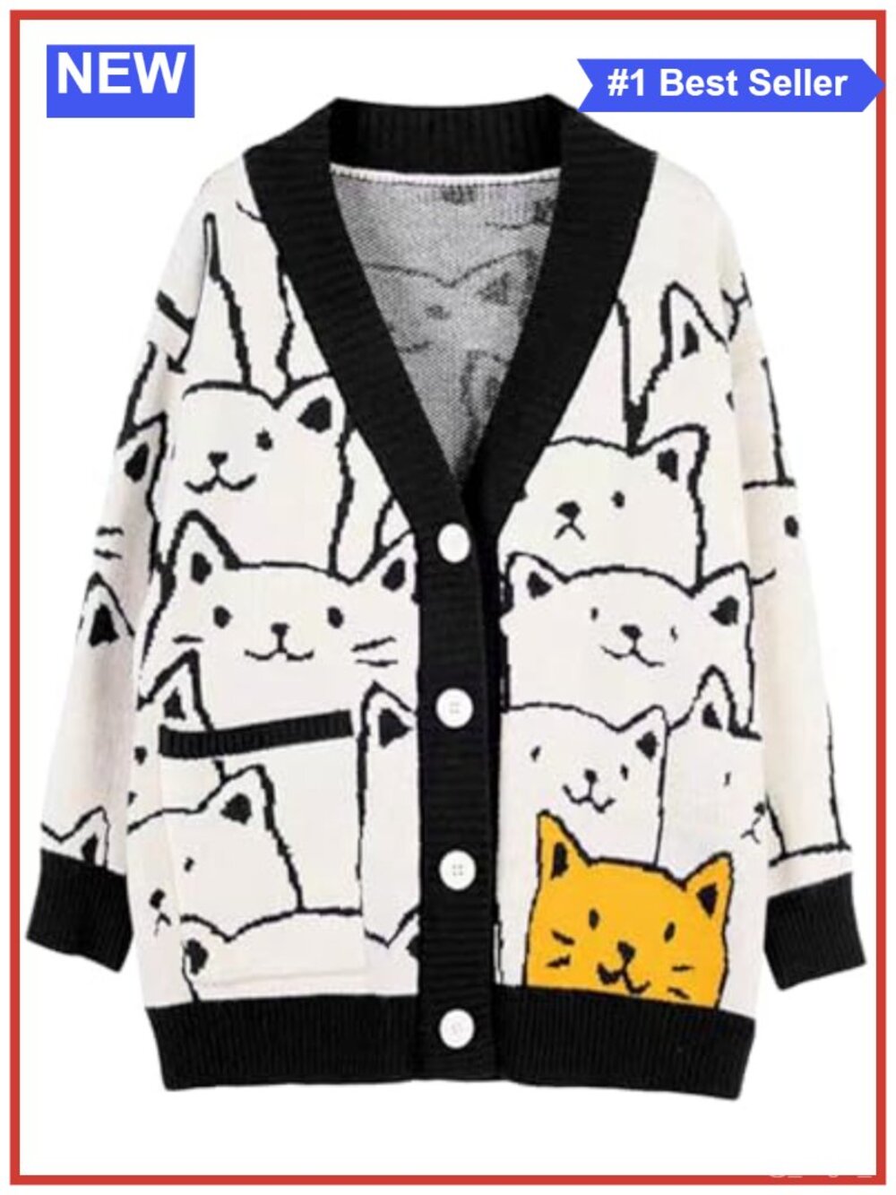 Women's Oversized Cat Print V Neck Knit Cardigan Button Front Loose Fit